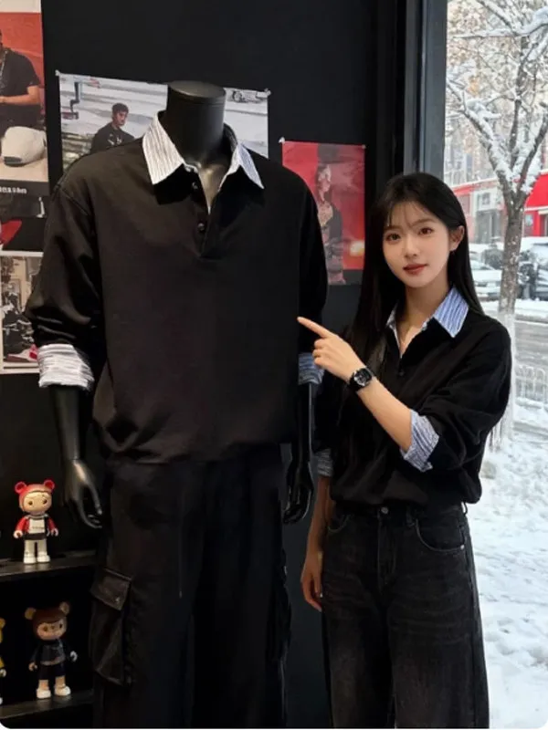 Black Shirt Collar Fake Two-Piece Hoodie Men's Spring High-End Feel Long Sleeve T-Shirt College Style Inner Base Shirt