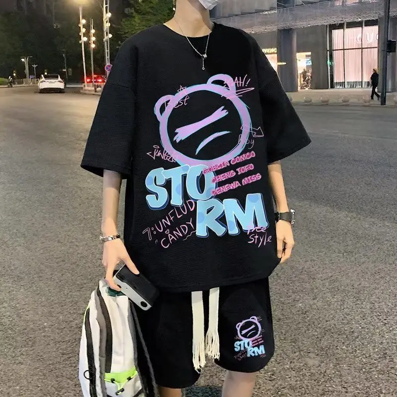 

A Set of Men's Summer Inst Hong Kong Style Short-sleeved T-shirt Casual Sports Trendy Brand Handsome Set