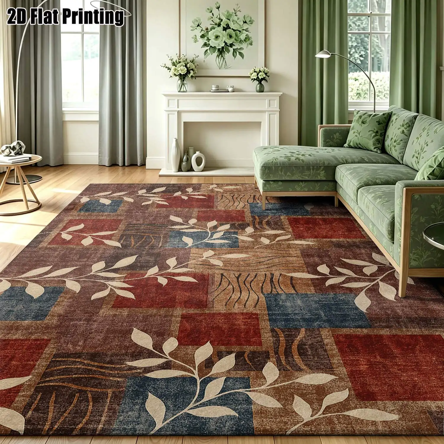 1Pc 2D Printed Carpet: Red-Brown Geometric Branches&Leaves Pattern European Vintage, Modern Minimalist, Nordic, Instagram Style Floor Mat, Home Decor, Multi-Size, Machine Washable, for Living Room, Bedroom, Dining Room, Entrance, Study.