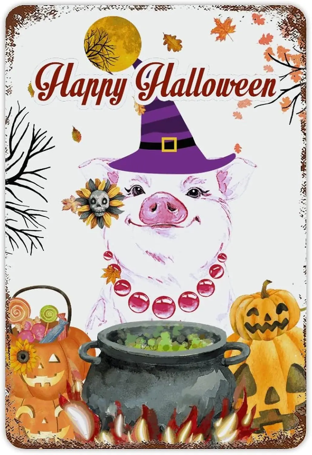 Halloween Pumpkin Pink Pig Metal Sign Witch Cauldron Tin Sign Halloween Party Wall Door Window Decor Stunning Farmhouse Hanging