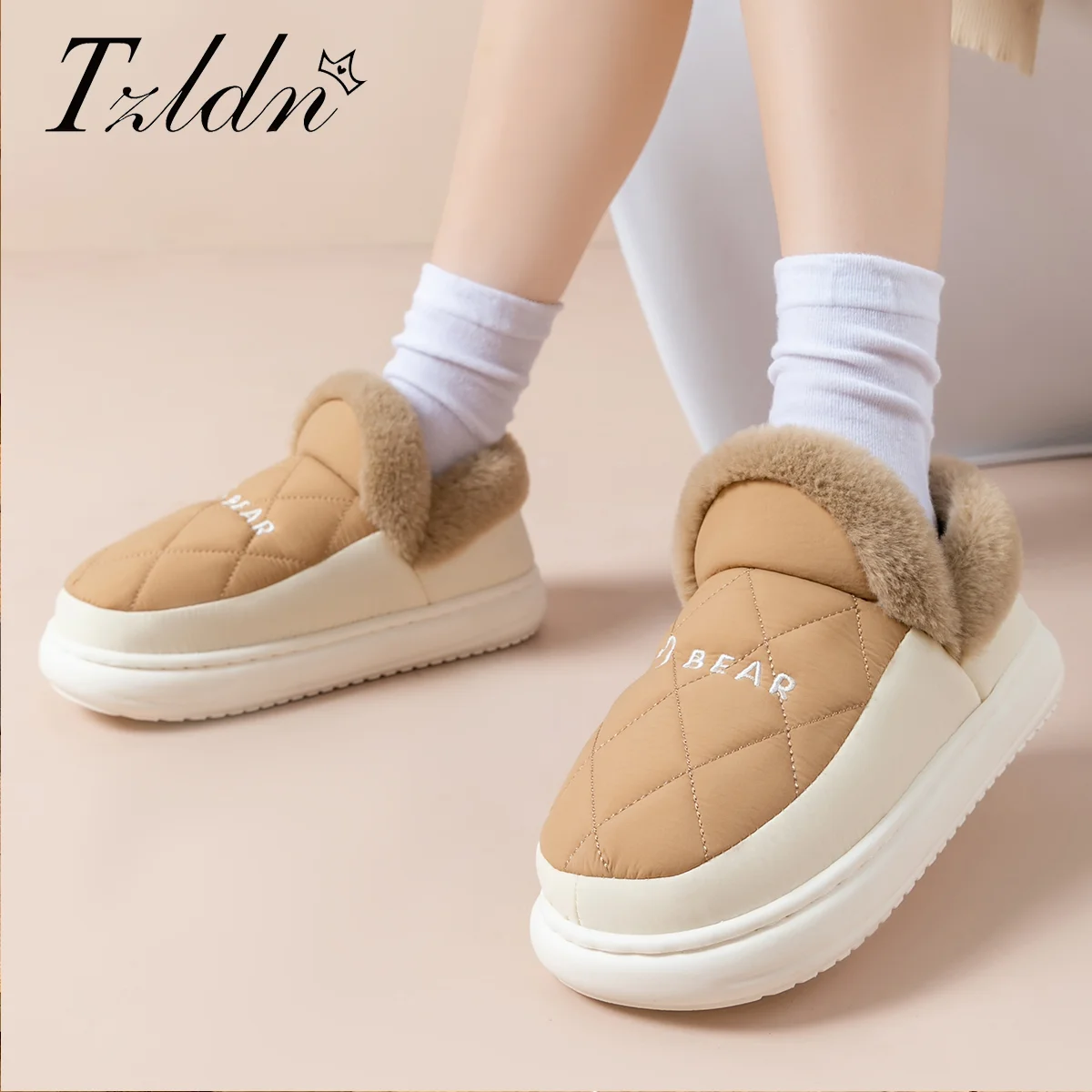 

TZLDN хлопковые тапочки, женские теплые непромокаемые нескользящие шлепанцы, мягкая дышащая домашняя обувь для пар, плюшевые мужские уличные тапочки