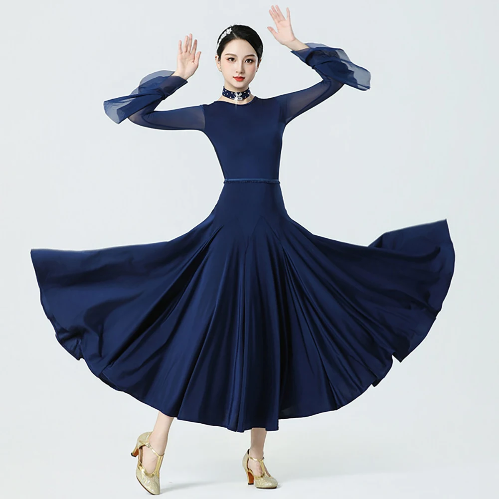 

Navy Blue Ballroom Dress Competition Wine Red Ballroom Dance Long Sleeve Ballroom Dance Skinny Spandex Round Neck Simple