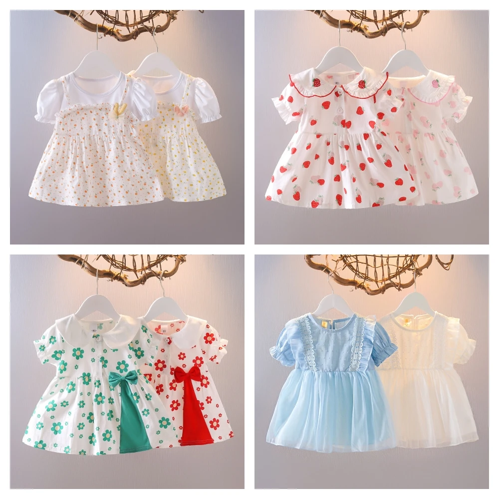 Summer New Style Baby Girls Dress Short Sleeve Flower Fake Two-Piece Shoulder Strap Dress Cute Princess Wedding Party Costume