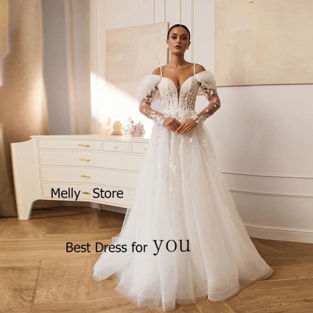 

Simple V Neck Wedding Dresses Soft Tulle Bridal Gowns Court Train Full Sleeve New Spaghetti Straps Exquisite New Robe De Summer