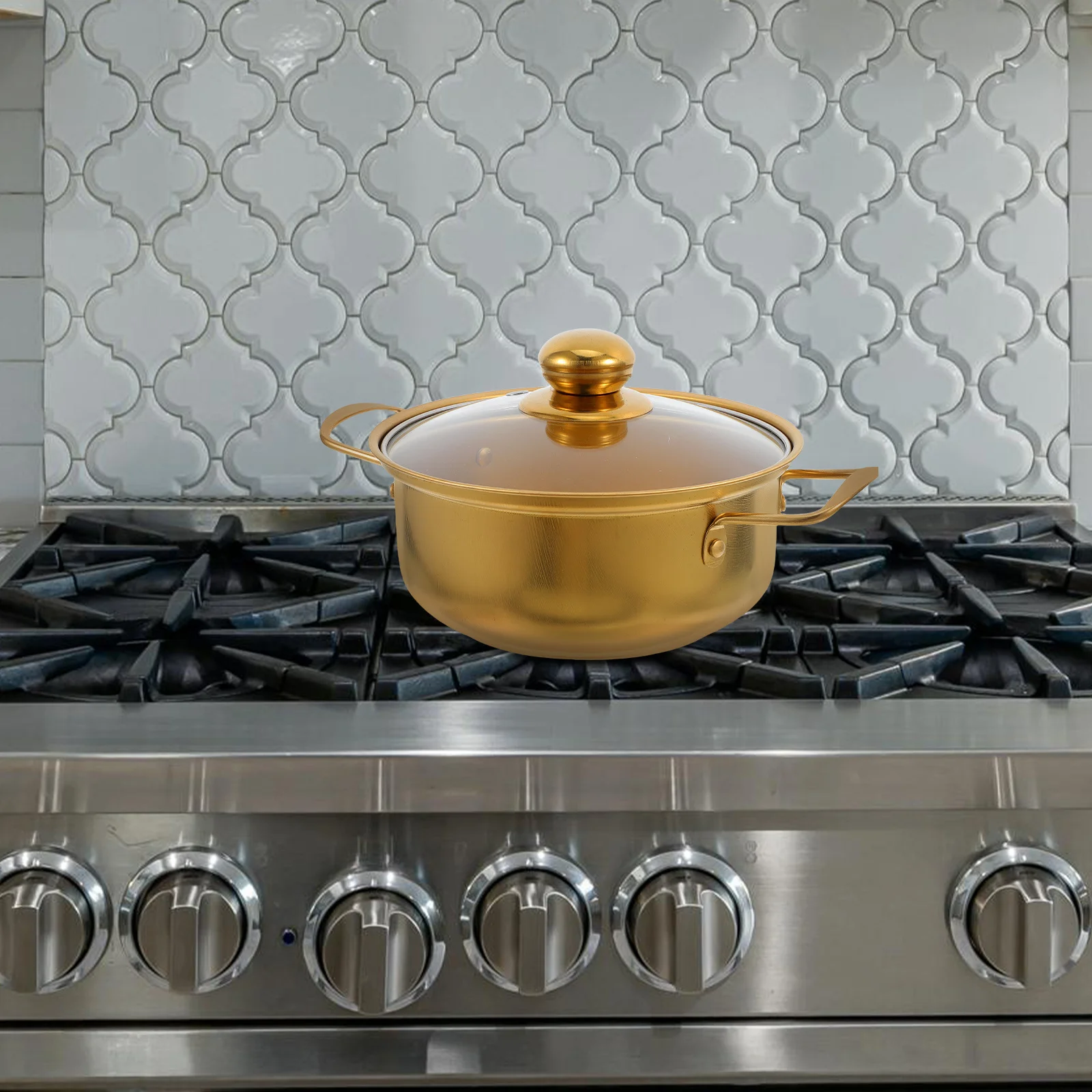 

Stainless Steel Soup Pot Golden Double Handle Small Induction Cooker Korean Ramen Pot Glass Lid Cooking Pots Ramen Pan