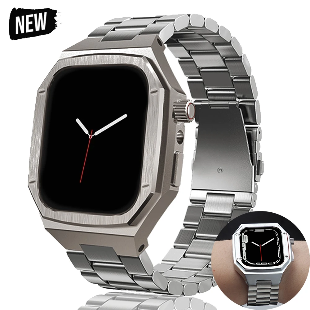 Luxury Metal Modification Kit for Apple Watch 11 46mm 42mm Stainless Steel Strap+Metal Case for Iwatch Series10 42 46mm Bracelet