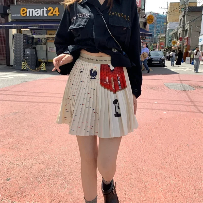 

New Summer Printed Mini Skirt Women Fashion Printed Vintage Letter Jacquard Patchwork A-Line Pleated Skirts Korean Y2k Harajuku