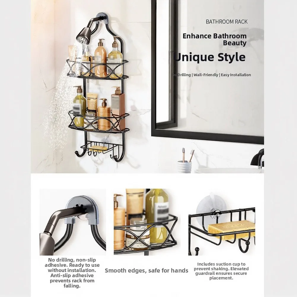 Over-Shower-Head 3-Tier Metal Shower Rack with Ten Hooks and Built-in Soap Holder for Vertical Toiletry Organization