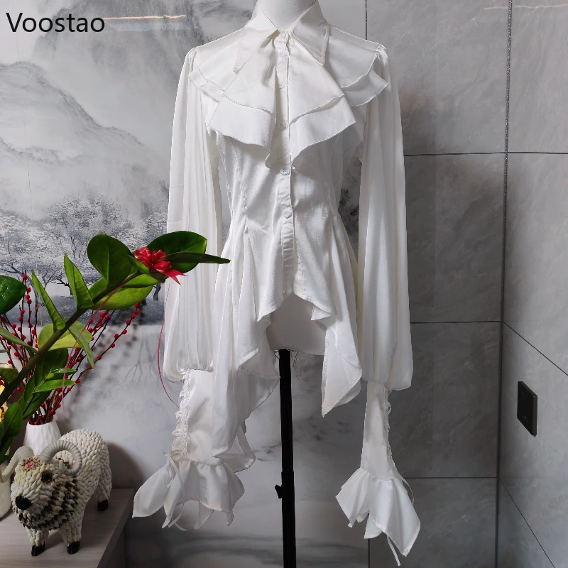 Gothic Y2k Lolita Style Shirts Japanese Women Vintage Cute Ruffles Collar Long Sleeves Blouse Female Victorian Elegant Slim Tops