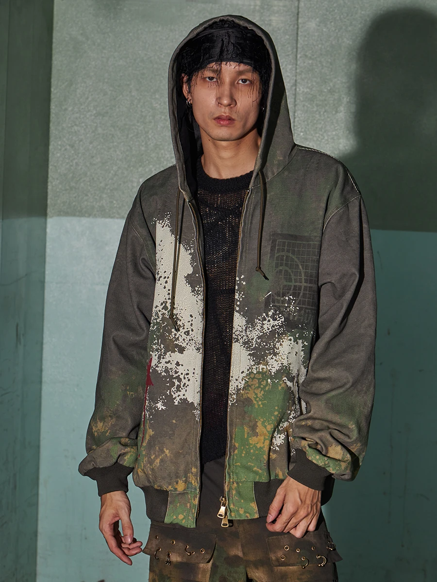 Design American Vintage Print Washed To Make Old Camouflage Zipper Hooded Overalls Jacket