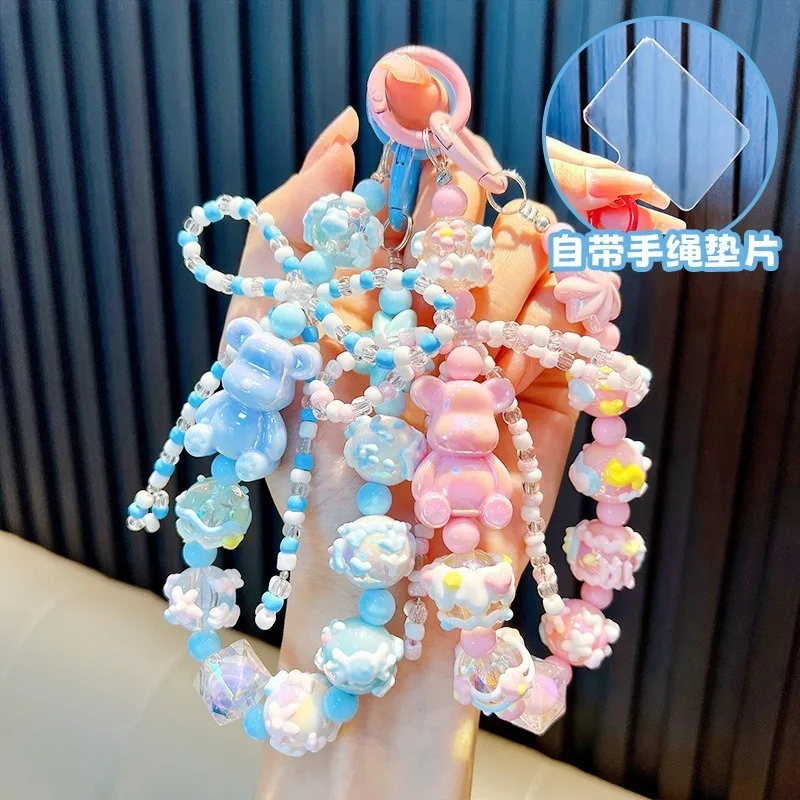 

Luxury Colorful Keychain Bowknot Trendy Bear Hand Painted Beads W/Card Phone Chain Bag Decoration Pendant Hanging Ornament Gift
