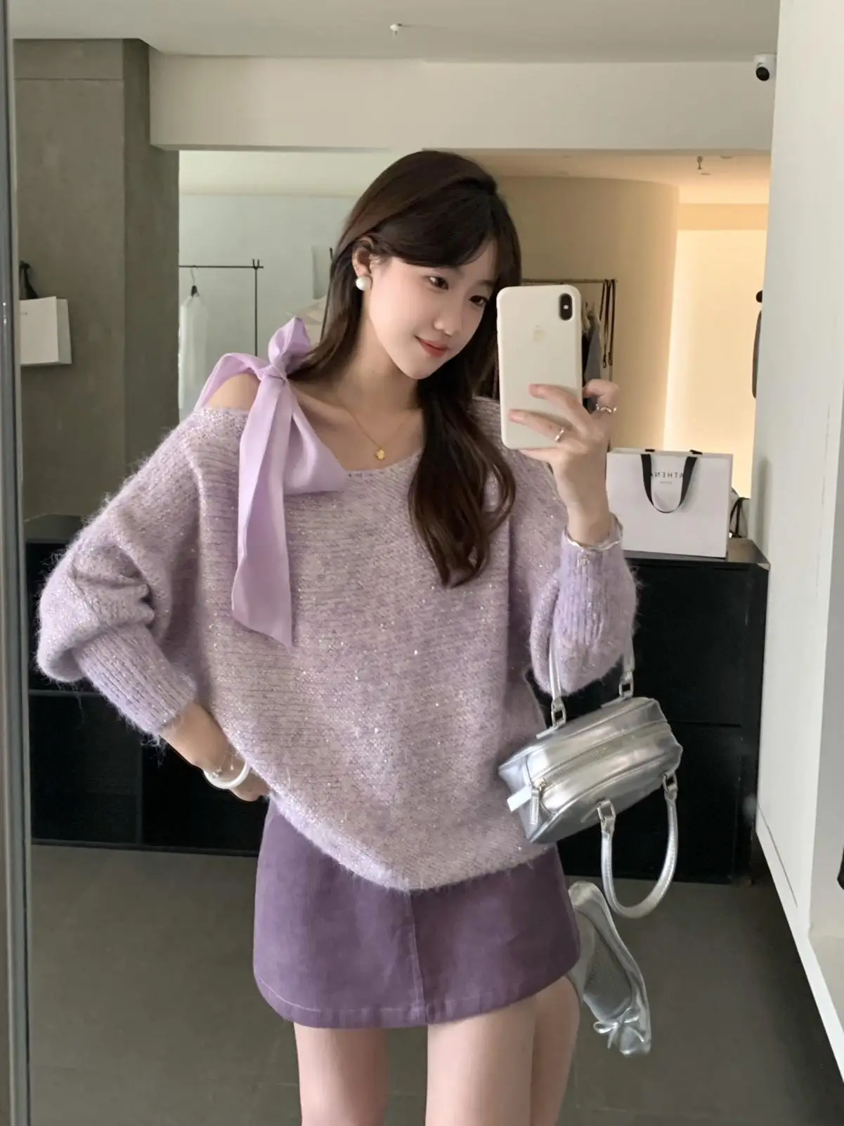 

Свободный женский вязаный свитер с фиолетовым узлом, ранняя осень, утягивающий возрастной универсальный мягкий топ, корейский тренд