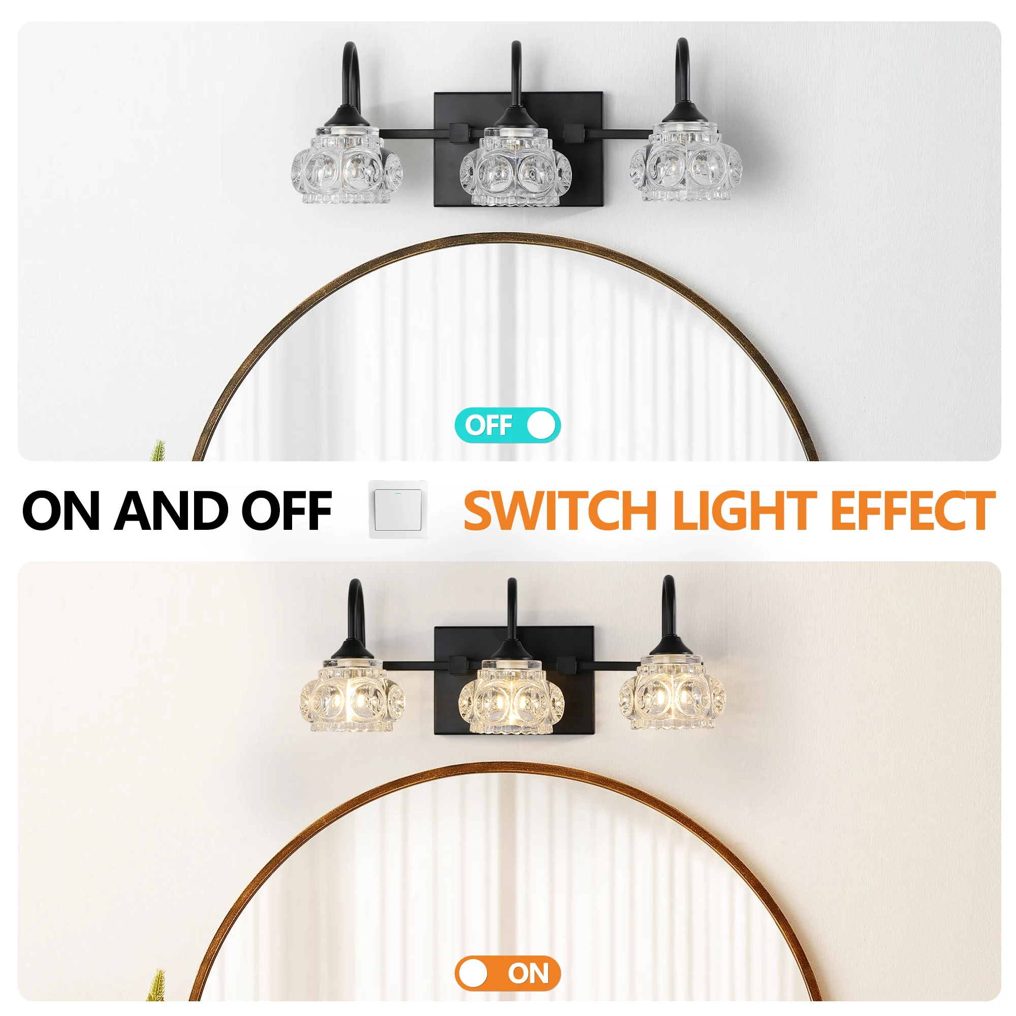 Lámpara de tocador de baño retro de 3 luces de 17" - Acabado negro con pantallas de cristal, iluminación montada en la pared