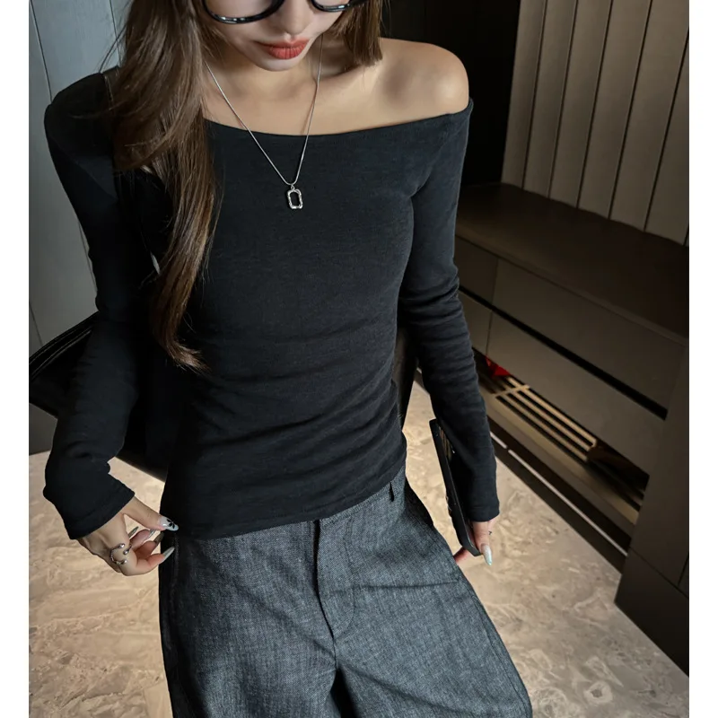 

Женская футболка Ele Long Sve с открытыми плечами, облегающая, из чистого хлопка, сексуальный дизайн, для ранней осени