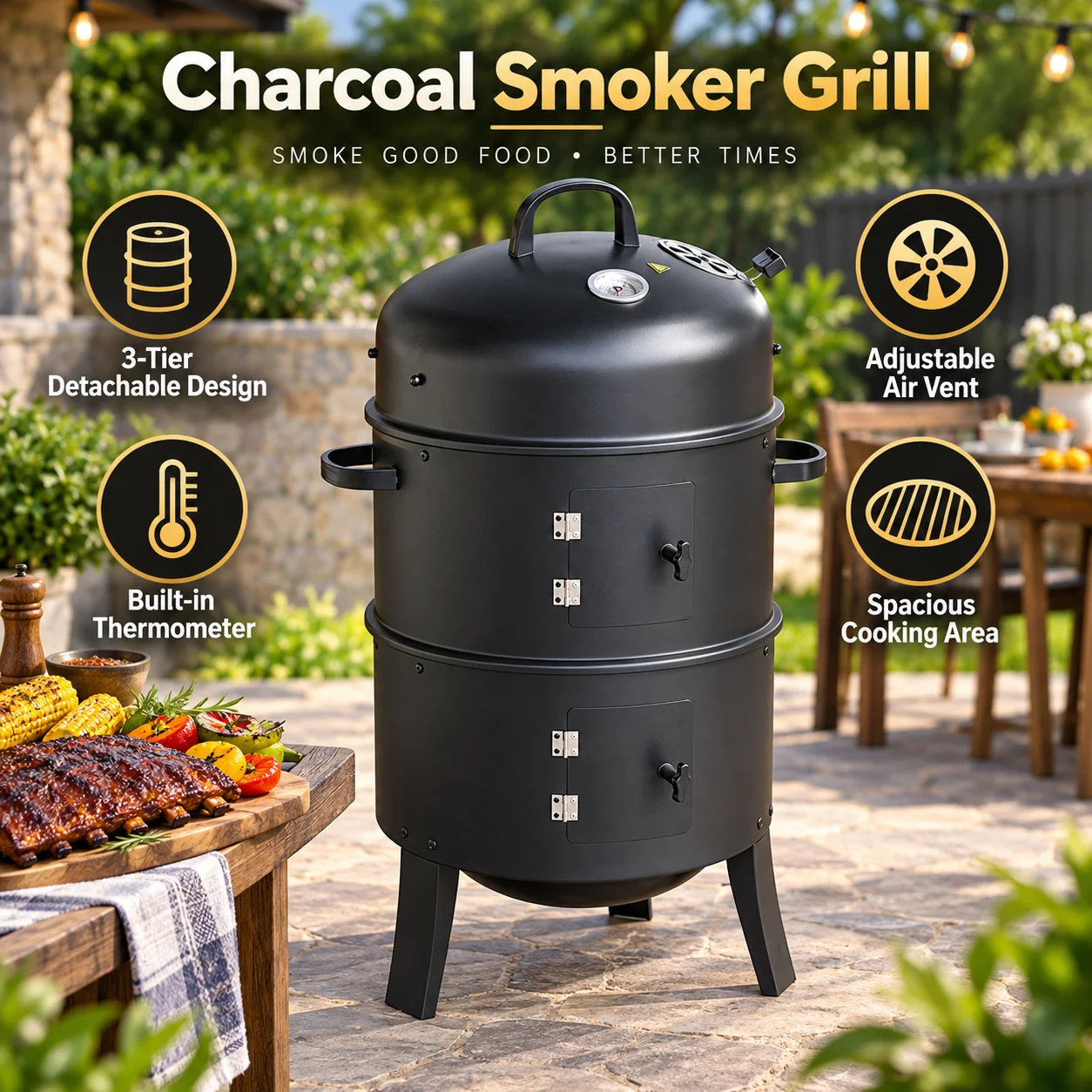 Heavy-Duty 3-Tier Charcoal Smoker Grill, Detachable Outdoor BBQ Cooker for Meat Smoking and Grilling