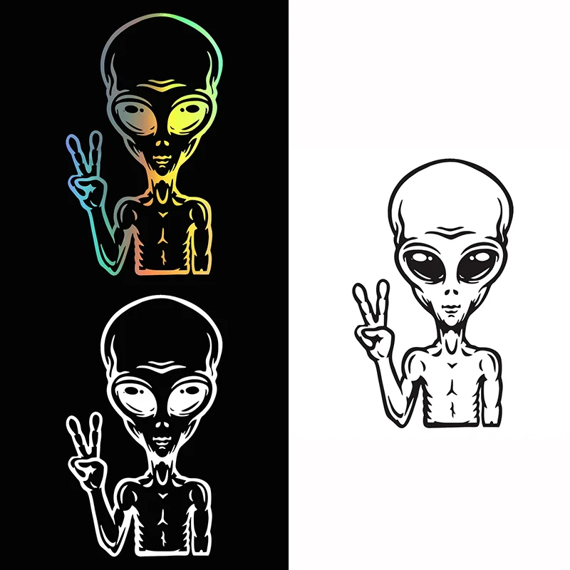 9.2x15.4cm Alien Peace Sign Cartoon Motorcycle Reflective Vinyl Sticker Decal Car Bumper Fuel Tank Window Rear Decal