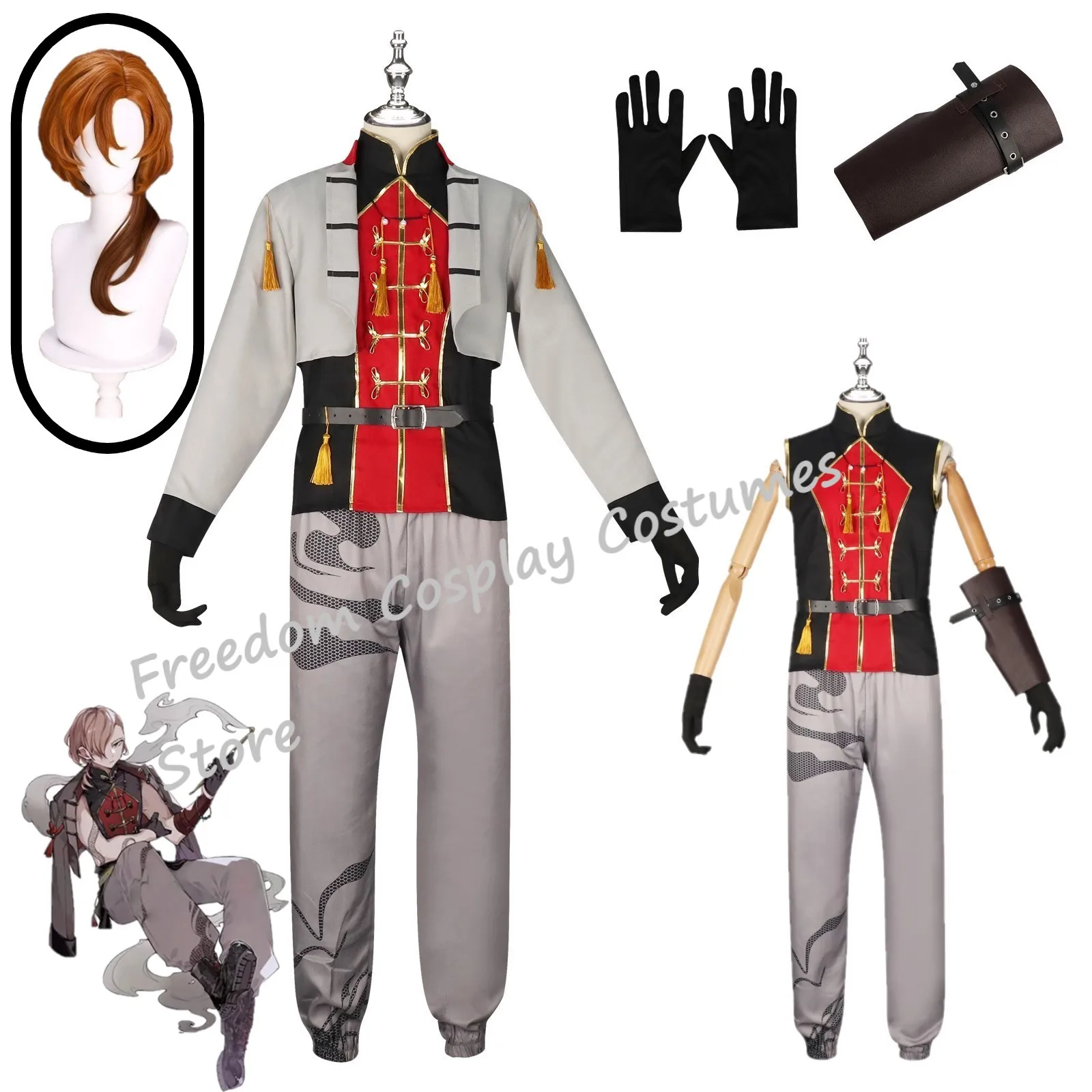 

Anime Bungo Stray Dogs Nakahara Chuuya Cosplay Costume Wig Gothic Uniform Coat Shirt Gloves Wig Halloween Costumes for Men