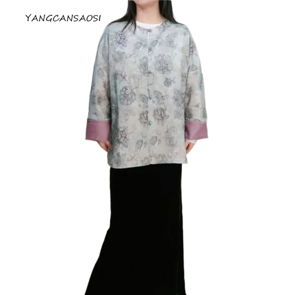 

Женская осенняя модная одежда с принтом пиона, двусторонняя куртка из 40% натурального шелка шелковицы, 52% шерсть, куртка с круглым вырезом и длинными рукавами