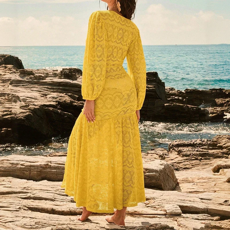 

Casual V-neck Lantern Sleeve Split Dress Summer Solid Color See-through Party Dresses Sexy Knitted Hollow Out Beach Bikini Dress