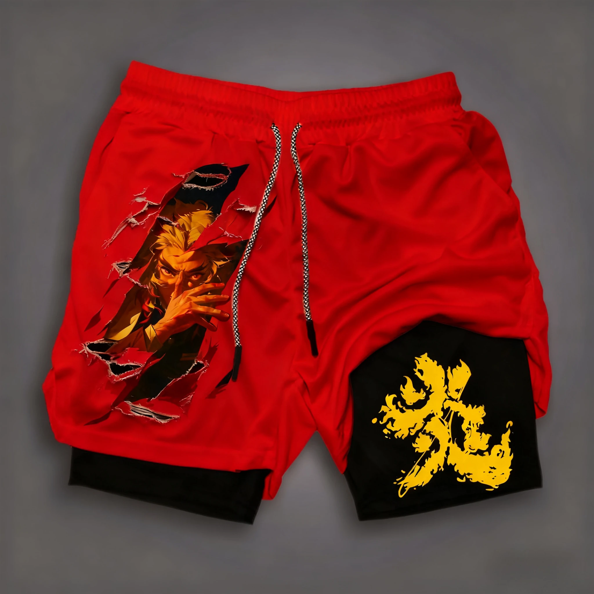 2025, Demon Slayer Anime Print Dubbellaagse shorts, Amerikaanse zomerfitness losse en modieuze shorts voor heren en dames