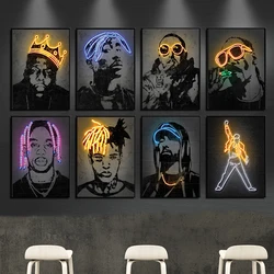 Abstract Neon Design Rapper Star Posters 2Pac Hip Hop Singers Wall Art Pictures Graffiti Art Canvas Painting Home Room Bar Decor