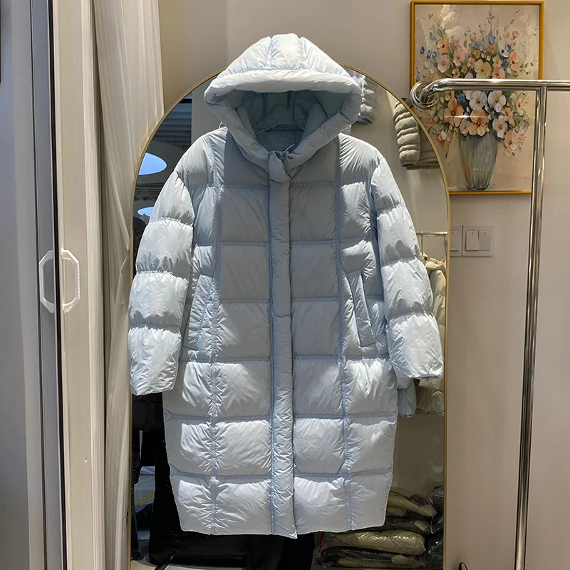 

Зимний пушистый длинный пуховик с капюшоном, свободная теплая парка, верхняя одежда до колена, женская утепленная куртка на 90% белом утином пуху JJ1170