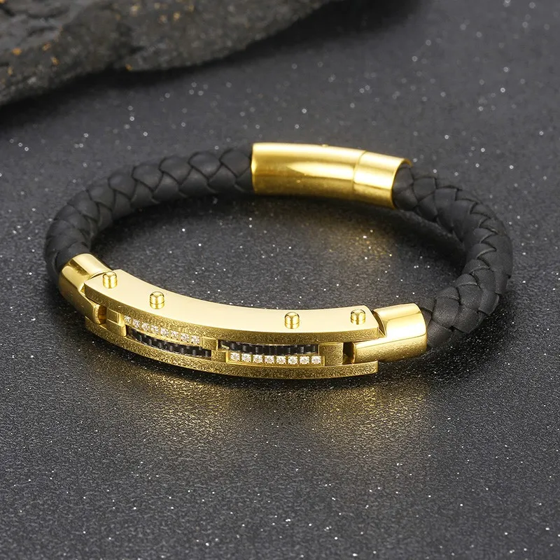 215*8mm Stainless Steel Split Leather Chain Bracelet for Men In Plated Gold Exclusive Jewellery Gift Wholesale Dropping