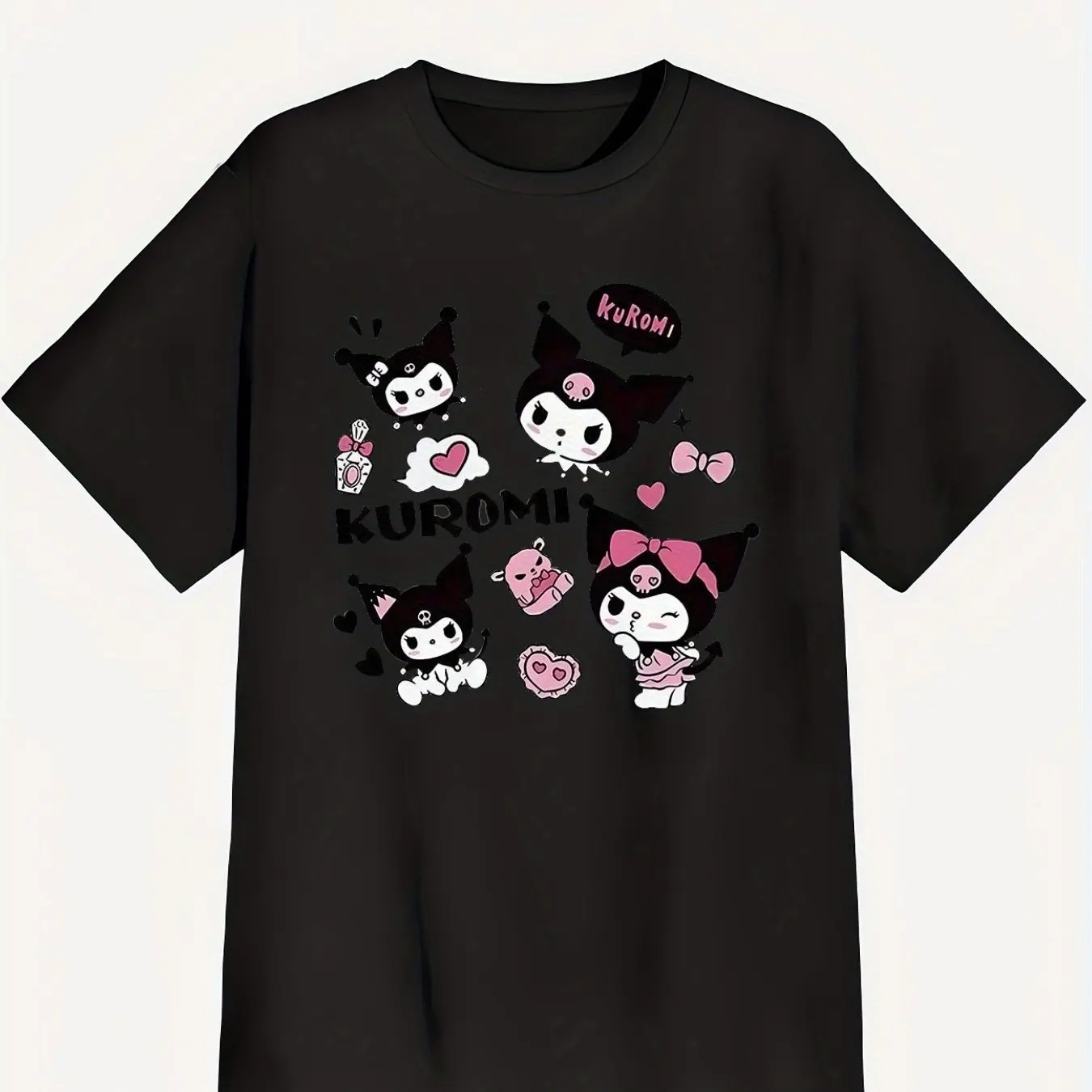 

Sanrio Kuromi T-shirt, Cartoon Black Beautiful Bow Love Print, Casual Round Neck Top