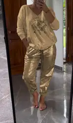 Pant Sets 2 Piece Set Fashion V-neck Long Sleeved Sequin Pullover Top Lace Up Straight Trousers Suit New Women's Clothing