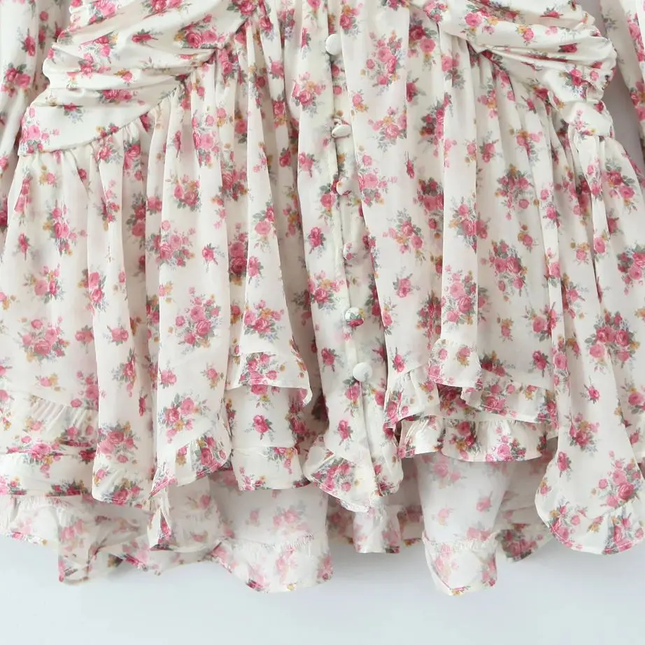 Robe à manches longues bouffantes pour femmes, ourlet à volants, mini chemise, boutons ouverts, oreilles en bois, blanc, rose, imprimé fleuri, robes de vacances, 2025