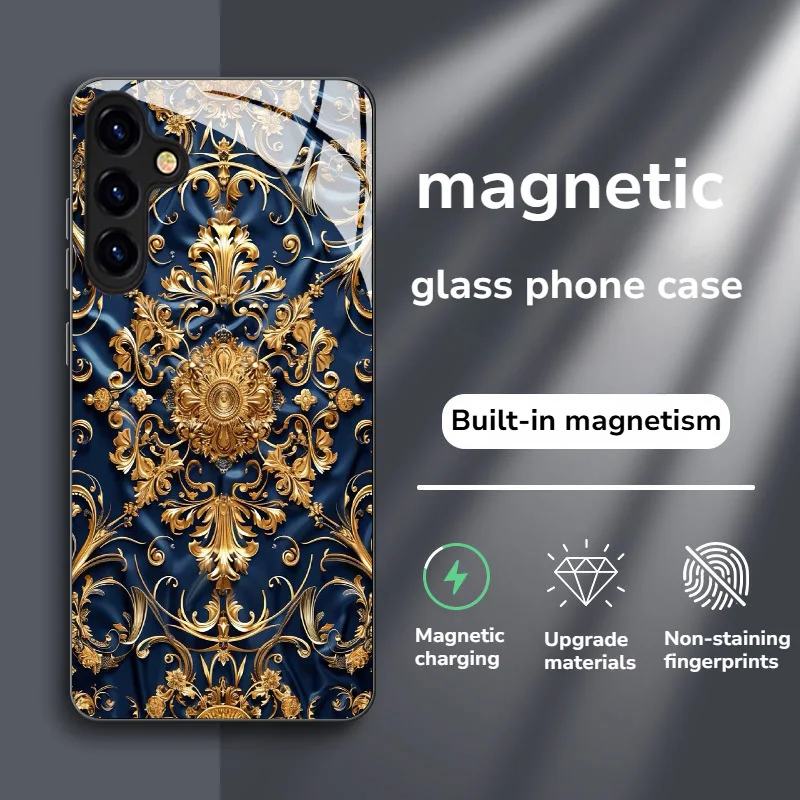 Golden totem pattern magnetic glass phone case suitable for Samsung Galaxy S26 S25 S24 S23 S22 S21 S20 FE/Ultra/Plus anti drop