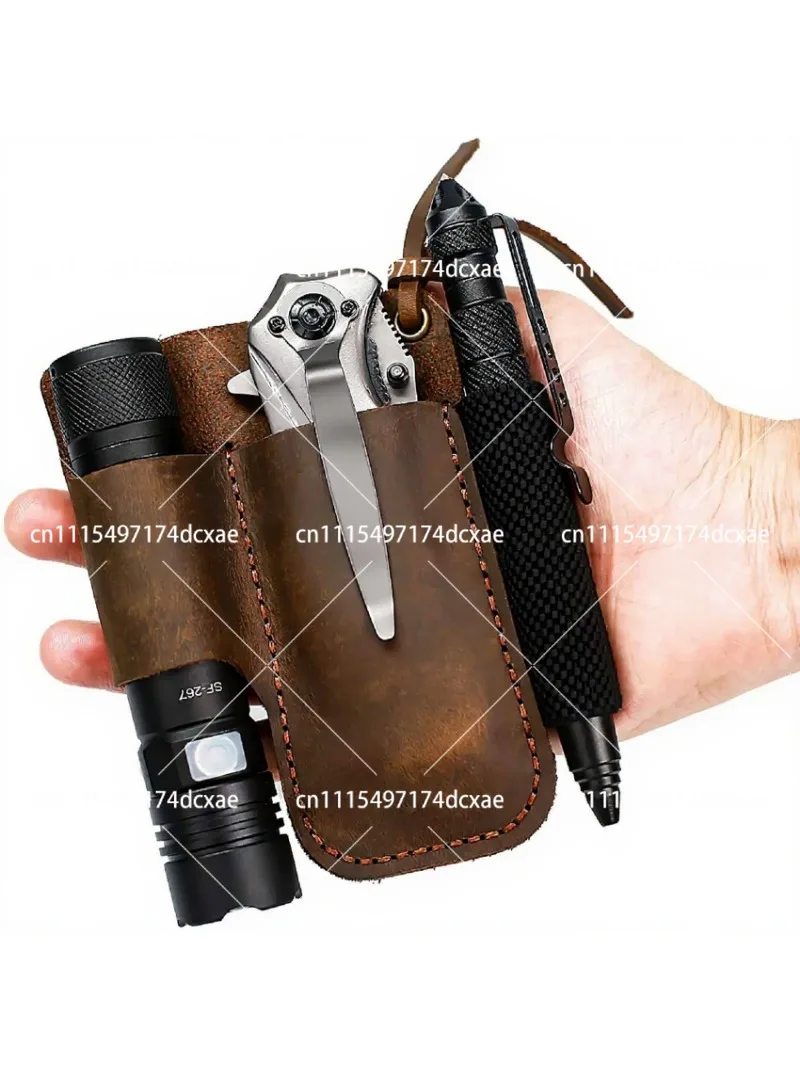 Handmade Leather Sheath Holder for Folding Knife and Flashlight EDC Tool Brown
