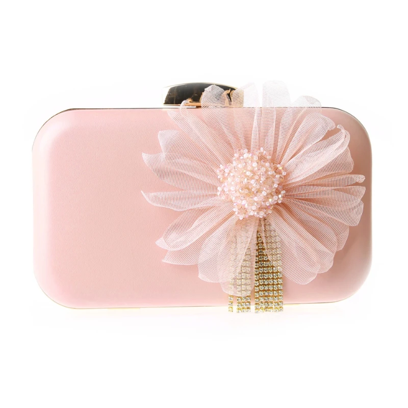 Bolso de Mano Tipo Clutch Rosa Claro para Eventos Nocturnos, con Flores 3D, Pedrería y Borlas, para Mujer, Ideal para Graduaciones, Bodas y Fiestas, con Correa de Cadena