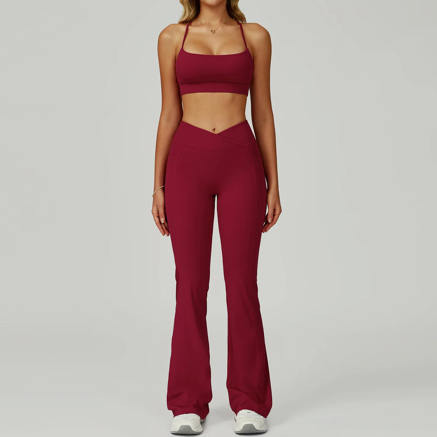 Conjunto de ropa deportiva de 2 piezas para mujer, chándales, ropa de gimnasio, trajes de Yoga, pantalones acampanados de cintura alta, Sujetador deportivo, chaleco, mallas de gimnasio