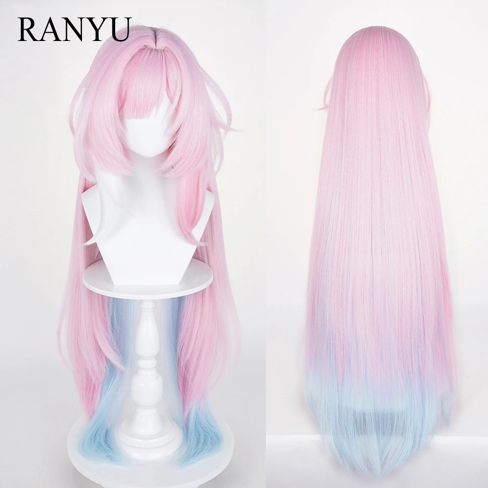 

Pink Ombre Blue White Highlights Anime Game Cosplay Synthetic Wigs with Bangs Long Straight Fluffy Wig for Daily Party