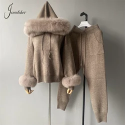 Jxwatcher Women's Sweater Set Real Fox Fur Collar and Cuffs Wool Blend Hooded Knitted Tops Ladies Autumn Fashion Pullover Female