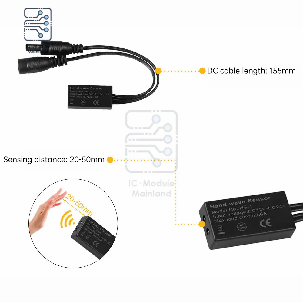 6A 1CH LED Sensor Switch 12V 24V Hand wave ON/OFF Door Control DC 5.5*2.1 mm Port for Cabinet Single Color LED COB Light Strip