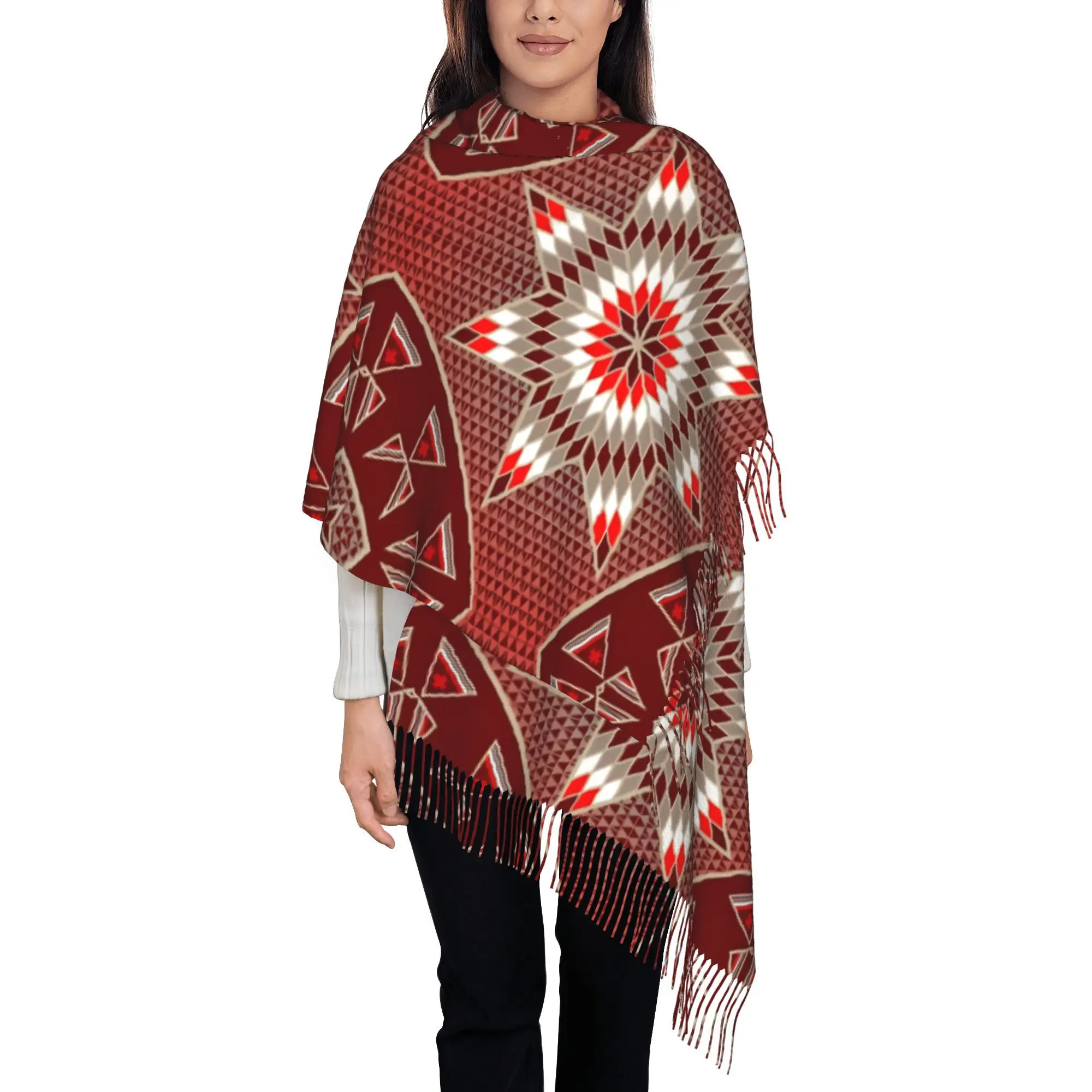 

Trendy Unisex Autumn And Winter Scarf with Tassels Featuring a Red Morning Star And Tipis Design