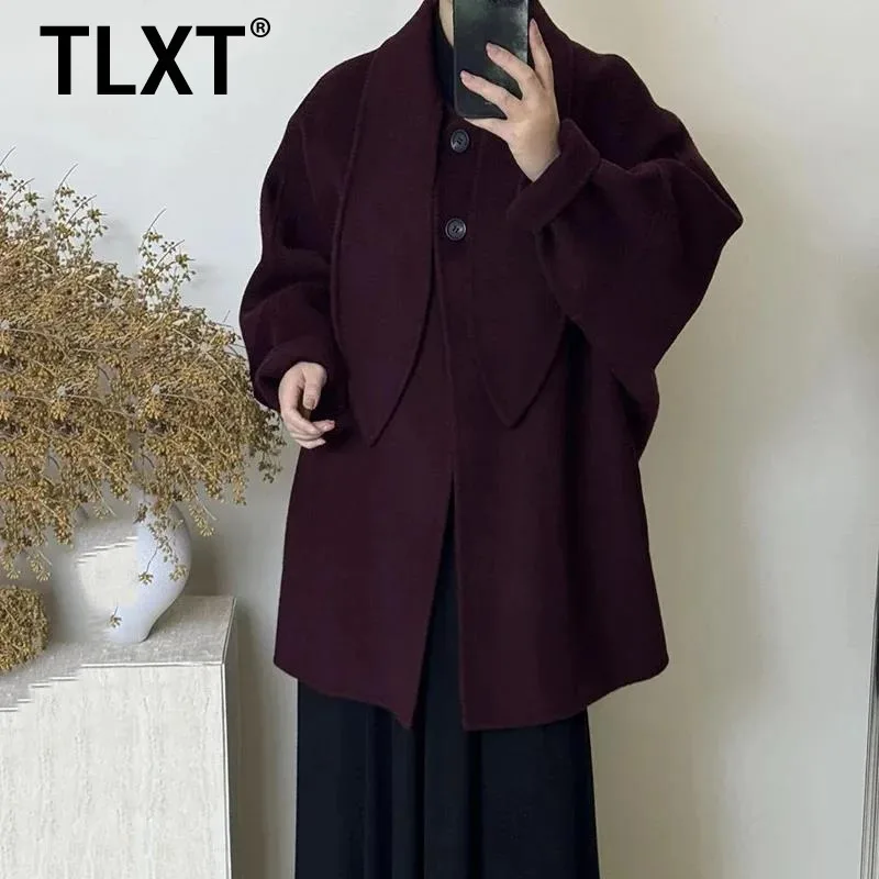 

TLXT Fashion Women's Long Sleeve Mid-Length Double-faced Woolen Coat Simple Scarf Collar Clothing Thick Warm 2025 Winter New