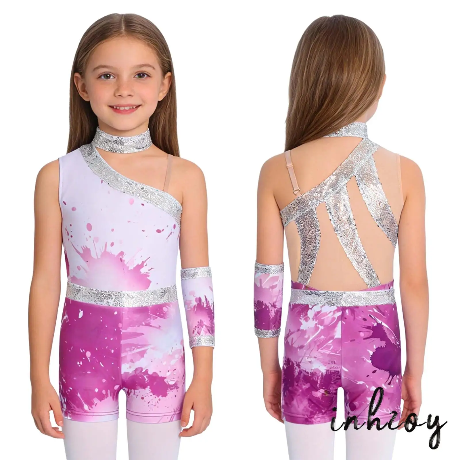 

Kids Girls Ballet Dance Wear Shiny Sequin Decor Ballroom Dancing Leotard+Shorts+Fingerless Glove Set Gymnastics Yoga Clothing