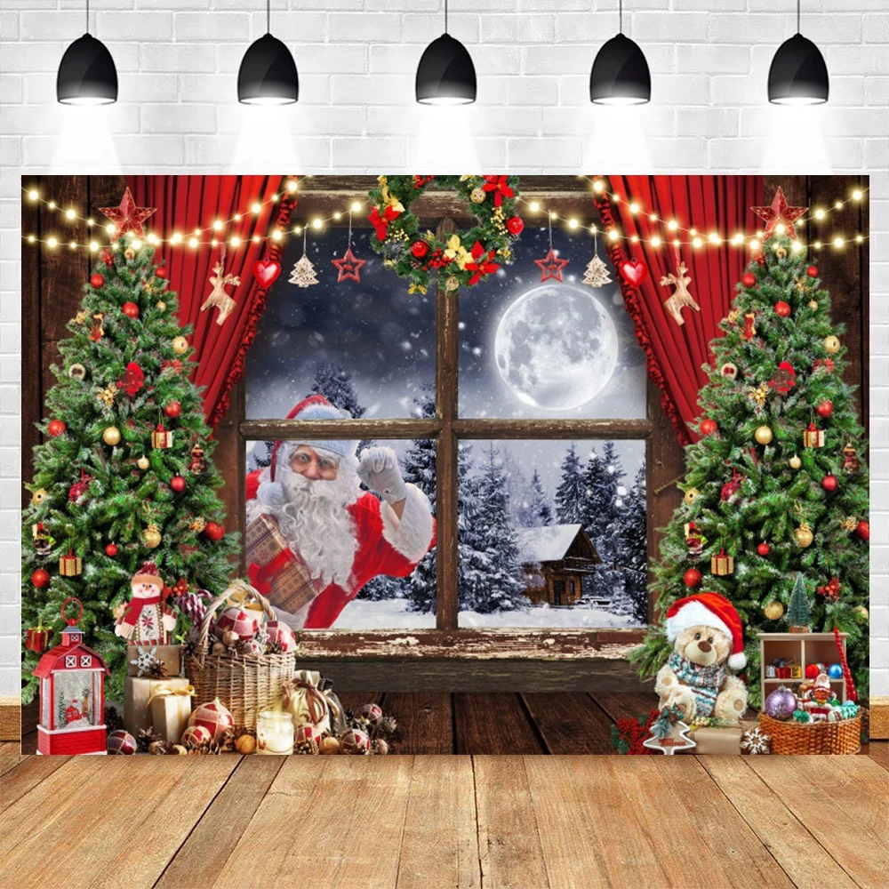 Christmas Fireplace Photography Backdrops Xmas Tree Window Christmas Eve Background Family Party Decor Banner Photobooth Props