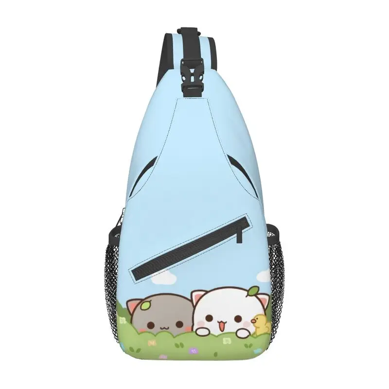 Mochila de hombro con dibujo de gato Mochi para hombre, morral cruzado en el pecho con eslinga de melocotón y Goma, a la moda, para viajes y ciclismo