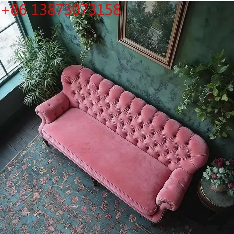 

French buckle designer small apartment three-person retro fabric straight-row sofa