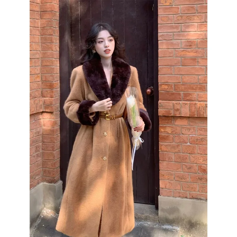 French Retro Style Lazy Style Long Fur Collar Woolen Coat Women's Autumn and Winter New High-end Coat Temperament