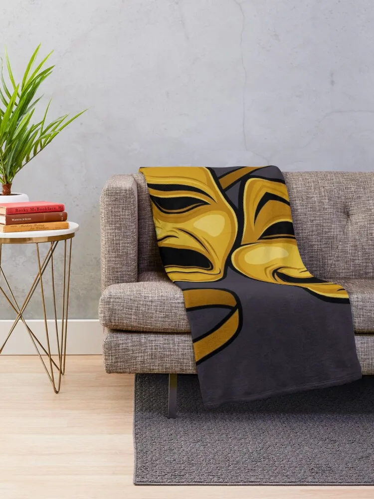 Gold Comedy And Tragedy Theater Masks Throw Blanket Plaid on the sofa Shaggy Blankets