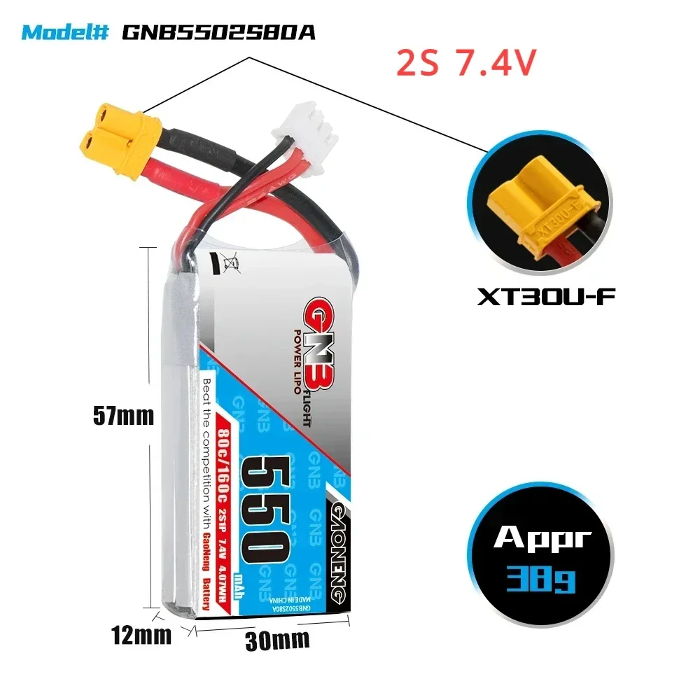 GAONENG GNB 550mAh 80C/160C 2S/3S/4S/6S 7.4V/11.1V/14.8V/22.2V Lipo Batteria XT30 Connettore Per FPV Racing Drone parti RC