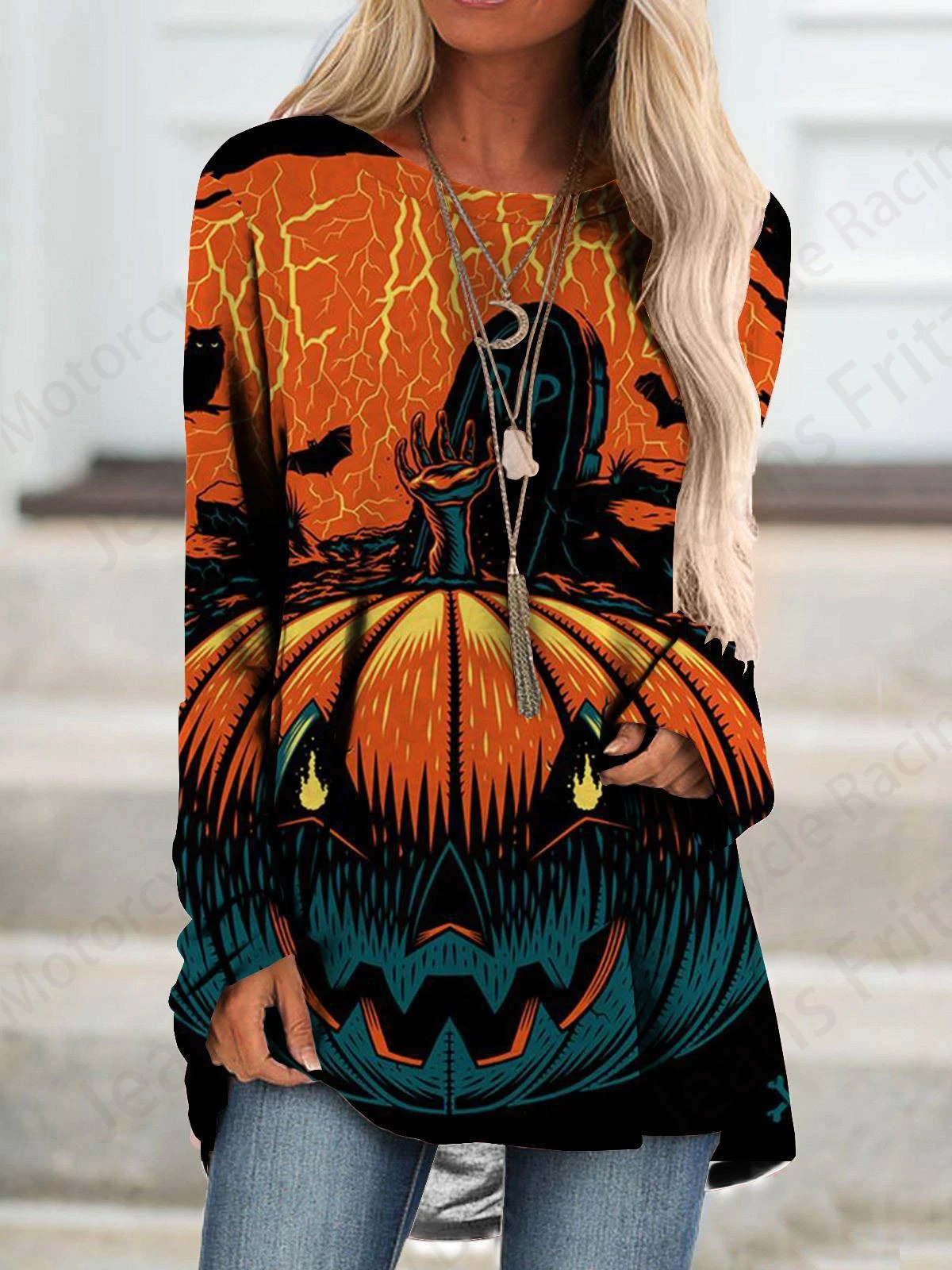 Halloween 3d Print Long Sleeve T-shirt Women Fashion Crewneck Long Tunic Tops Women Falls Pumpkin Clothing Femme Tops Y2k Style