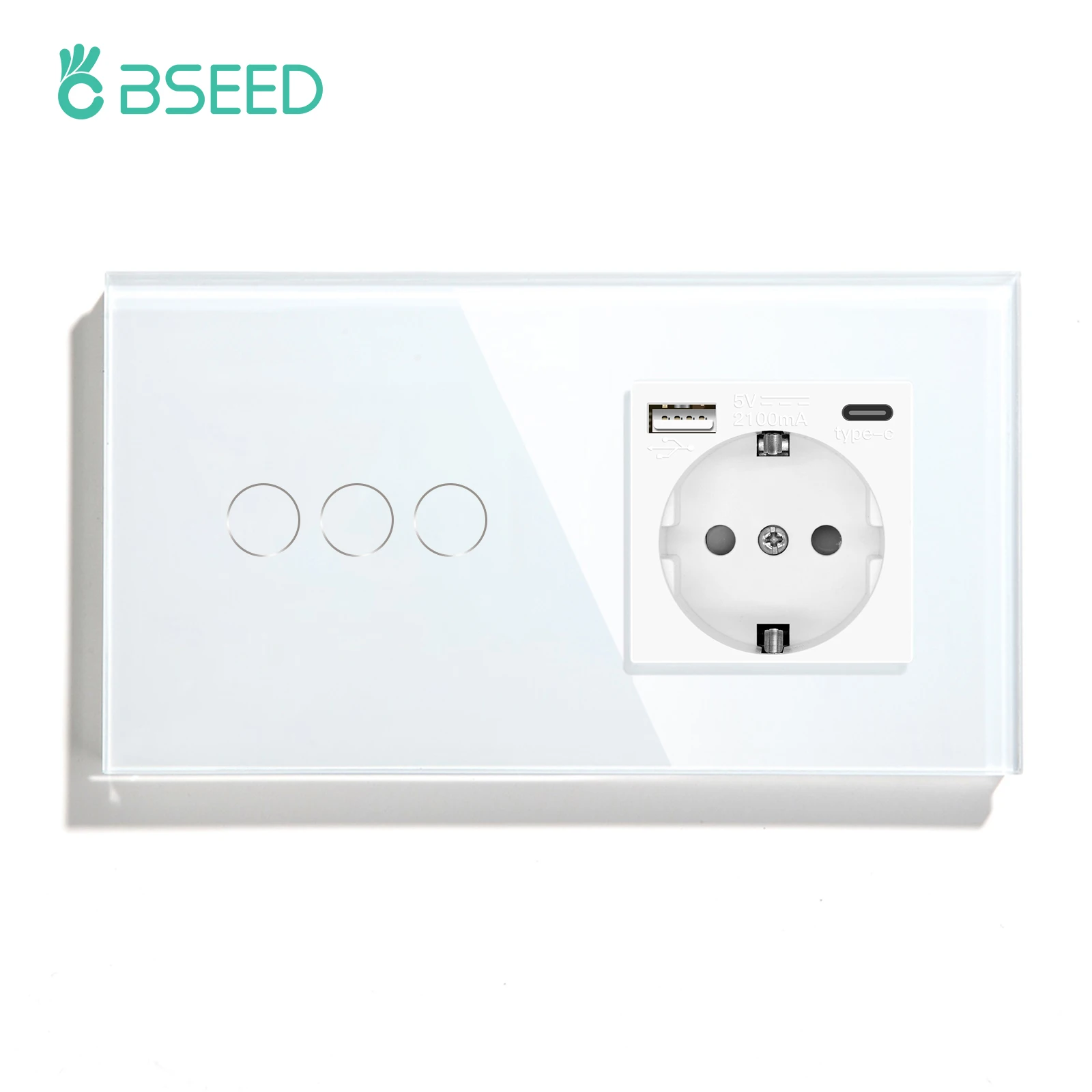 BSEED Touch-Lichtschalter, EU-Standard-Wandsteckdose mit USB Typ-C-Kristallglasscheibe, weiße Farbe, Netzstecker, 1/2/3 Gang-Schalter