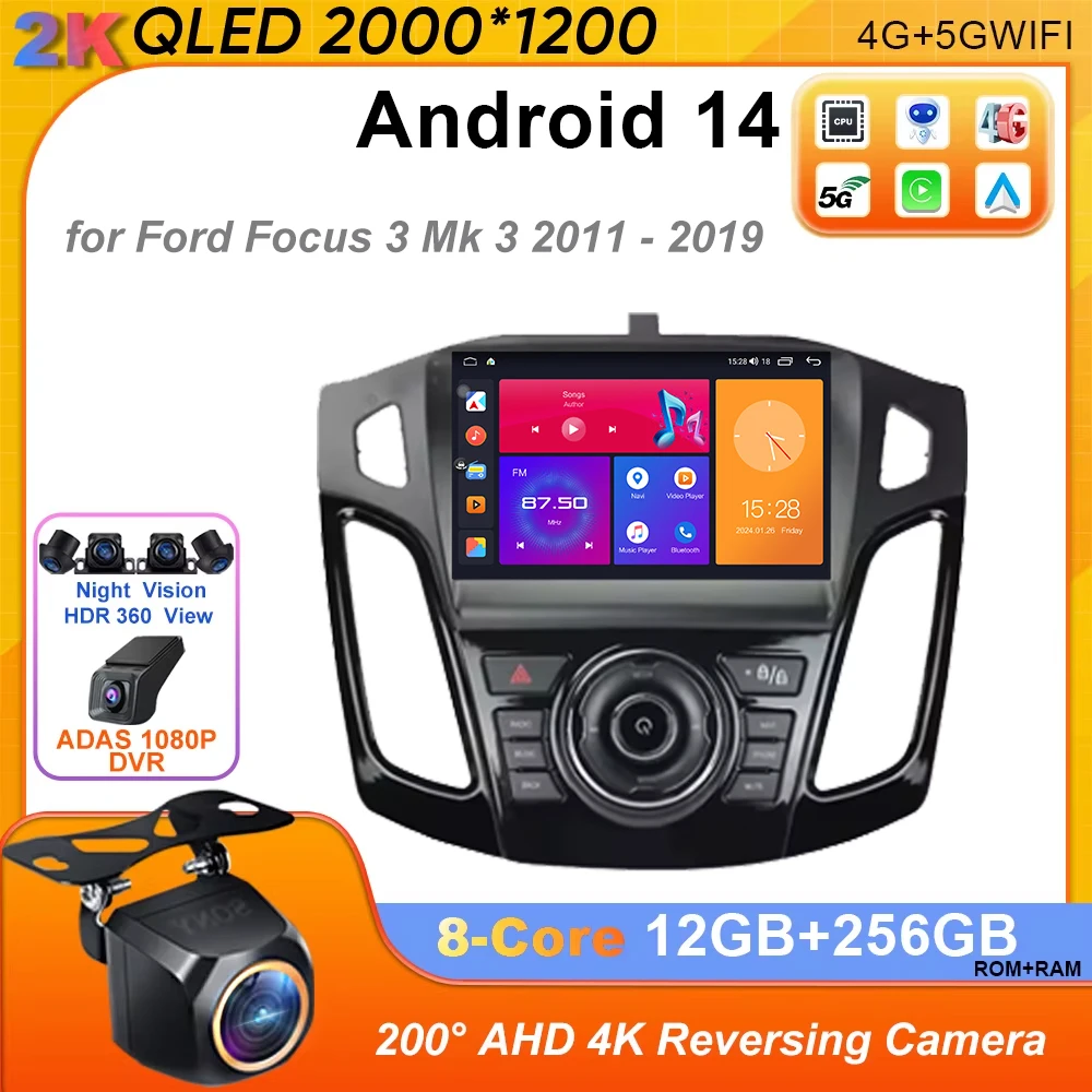 Android 14 Car Radio for Ford Focus 3 Mk 3 2011 2012 - 2019 Multimedia Video Player no 2 Din 2 Din Carplay Auto Stereo GPS DVD