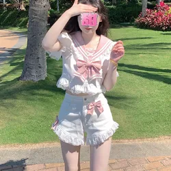 2022 Summer Korean Sweet Bow Navy Collar Woman Top T-shirt Japanese Pink Lace Girl Cute Denim Shorts Lolita Kawaii A-line Skirt